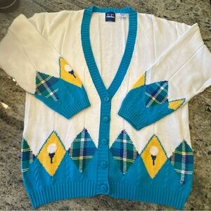Vintage EP Pro Blue and White Knit Sweater Ladies Gold Cardigan
